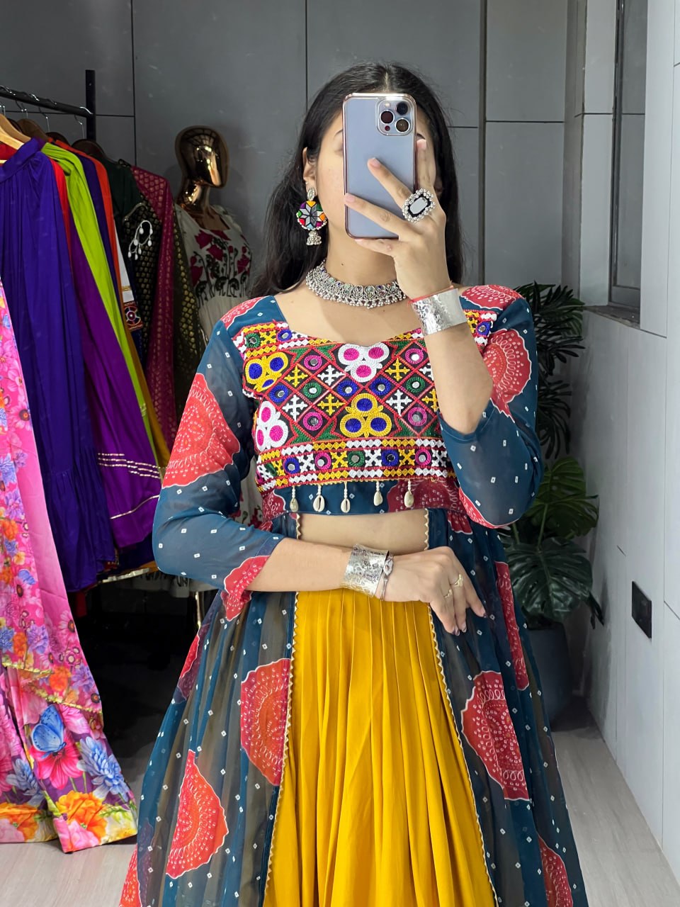 Women's Mustard Rayon Cotton Lehenga with Bandhani Printed Faux Georgette Kurti | Gamthi Work | Navratri, Garba & Festive Wear
