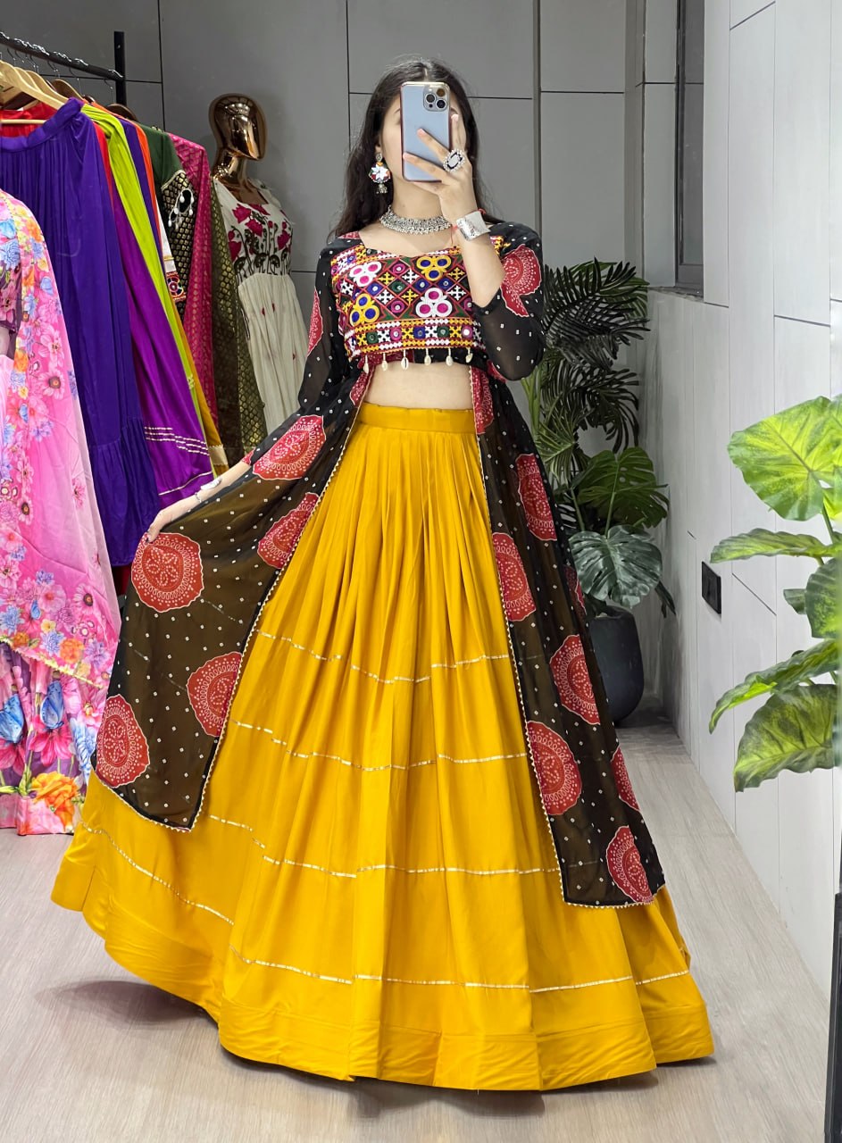 Women's Mustard Rayon Cotton Lehenga with Bandhani Printed Faux Georgette Jacket Kurti | Gamthi Work | Navratri, Garba & Festive Wear