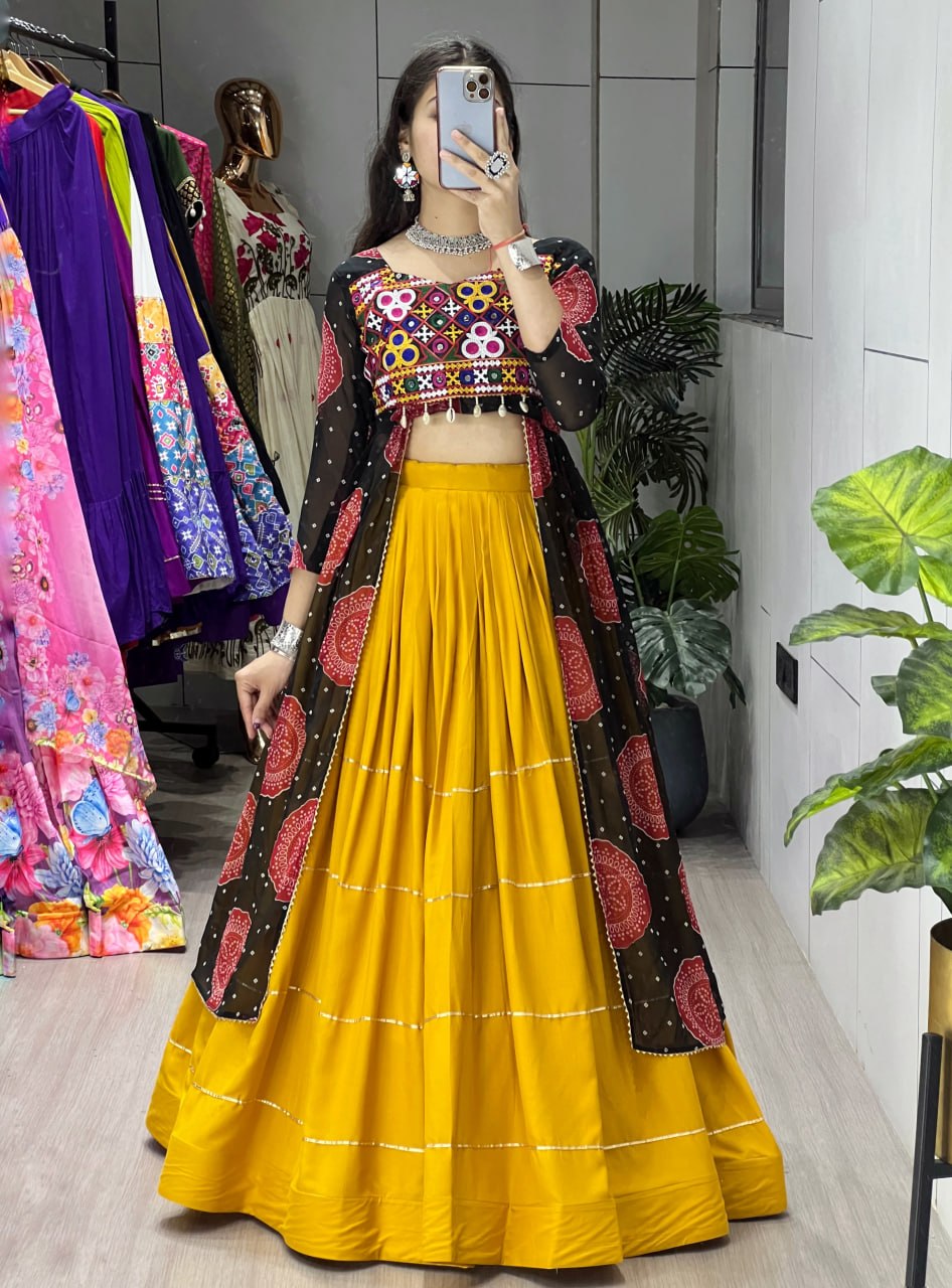 Women's Mustard Rayon Cotton Lehenga with Bandhani Printed Faux Georgette Jacket Kurti | Gamthi Work | Navratri, Garba & Festive Wear