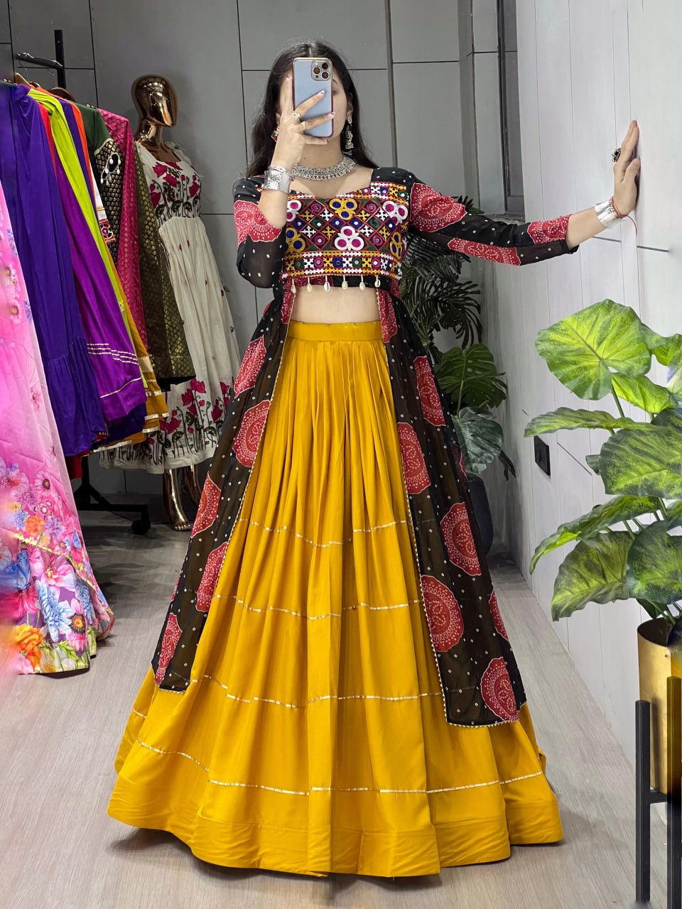 Women's Mustard Rayon Cotton Lehenga with Bandhani Printed Faux Georgette Jacket Kurti | Gamthi Work | Navratri, Garba & Festive Wear