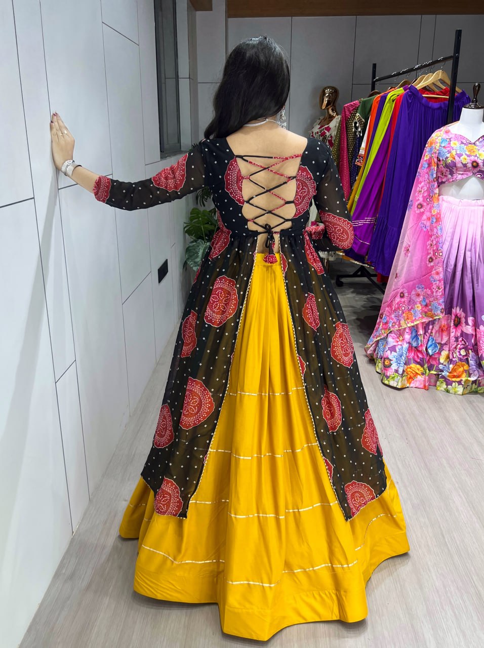 Women's Mustard Rayon Cotton Lehenga with Bandhani Printed Faux Georgette Jacket Kurti | Gamthi Work | Navratri, Garba & Festive Wear