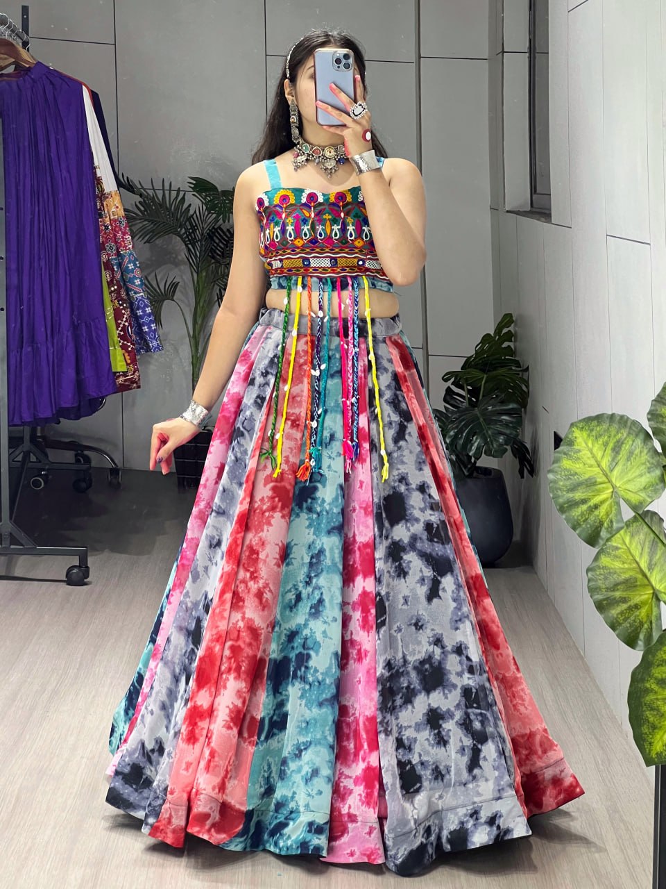 Women's Multicolor Shibori Print Faux Georgette Lehenga with Gamthi Embroidered Fancy Blouse | Navratri, Garba & Festive Wear