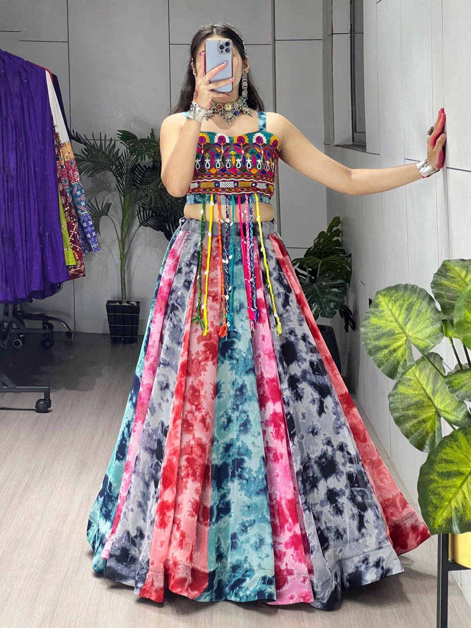 Women's Multicolor Shibori Print Faux Georgette Lehenga with Gamthi Embroidered Fancy Blouse | Navratri, Garba & Festive Wear