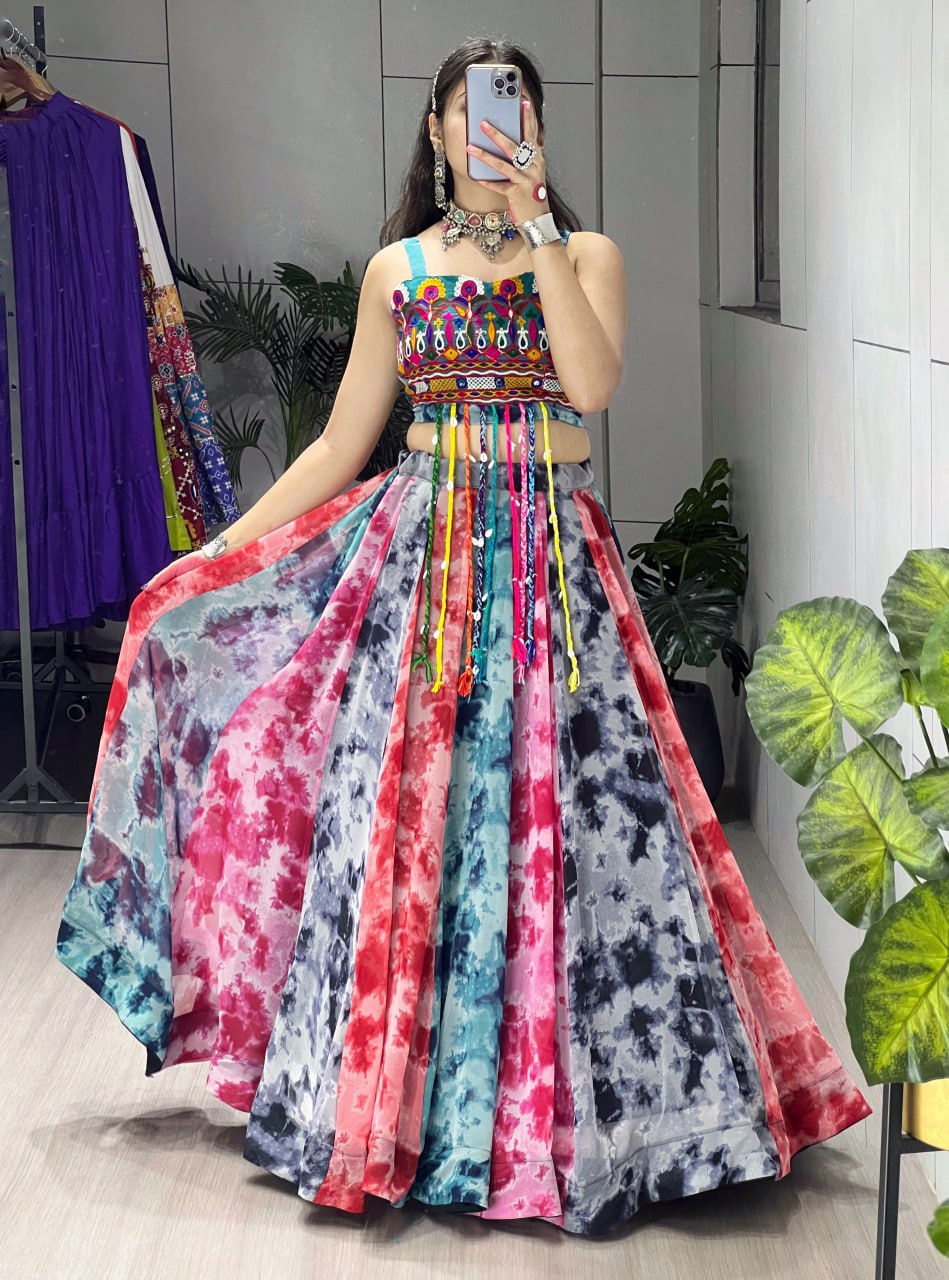 Women's Multicolor Shibori Print Faux Georgette Lehenga with Gamthi Embroidered Fancy Blouse | Navratri, Garba & Festive Wear