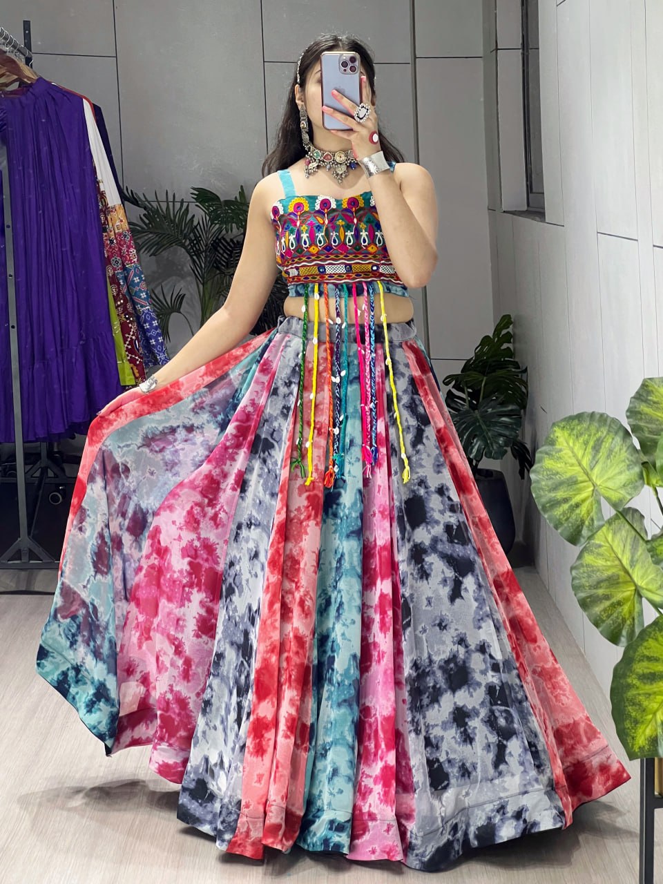 Women's Multicolor Shibori Print Faux Georgette Lehenga with Gamthi Embroidered Fancy Blouse | Navratri, Garba & Festive Wear