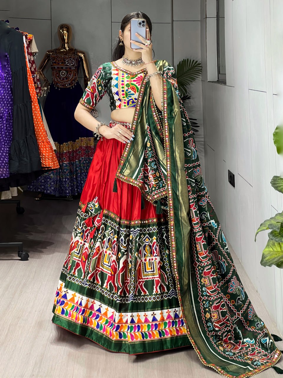 Women's Red Patola Print Dola Silk Lehenga Choli with Gamthi Border, Paper Mirror Work Dupatta | Navratri, Garba & Festive Wear