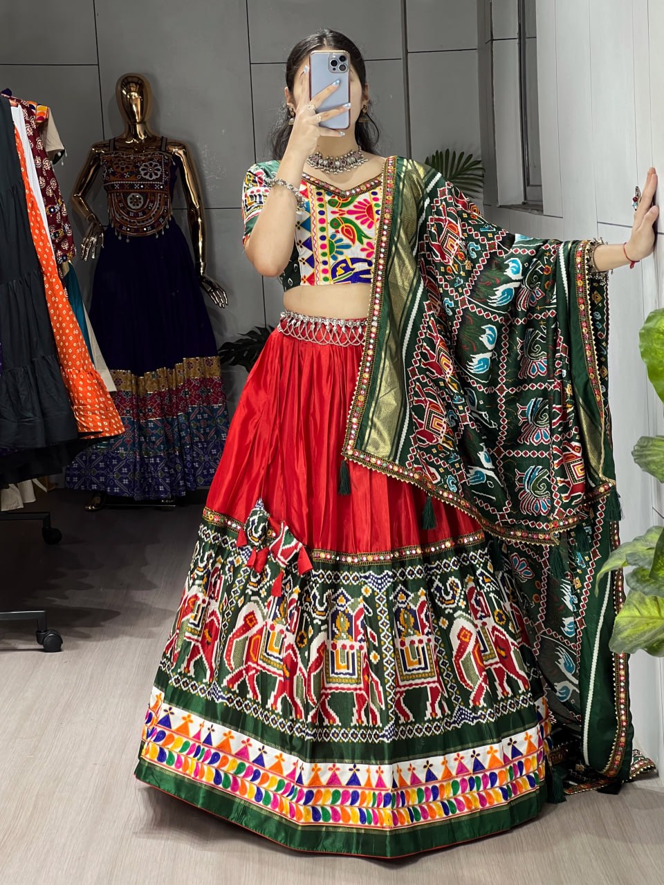 Women's Red Patola Print Dola Silk Lehenga Choli with Gamthi Border, Paper Mirror Work Dupatta | Navratri, Garba & Festive Wear