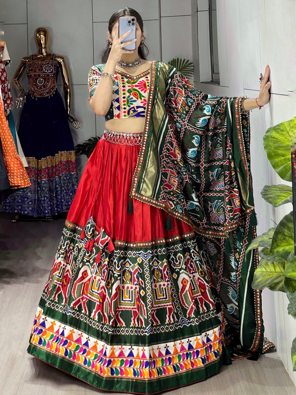 Women's Red Patola Print Dola Silk Lehenga Choli with Gamthi Border, Paper Mirror Work Dupatta | Navratri, Garba & Festive Wear