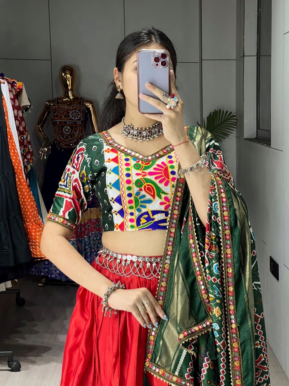 Women's Red Patola Print Dola Silk Lehenga Choli with Gamthi Border, Paper Mirror Work Dupatta | Navratri, Garba & Festive Wear