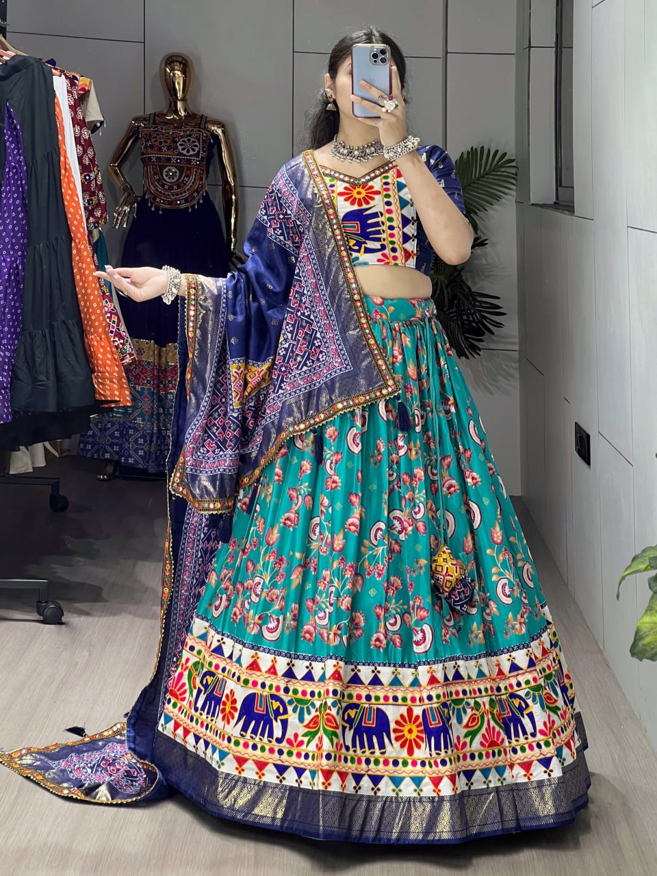 Women's Teal Floral Print Dola Silk Lehenga Choli with Kutchi Work Border & Designer Dupatta | Navratri, Garba & Festive Wear