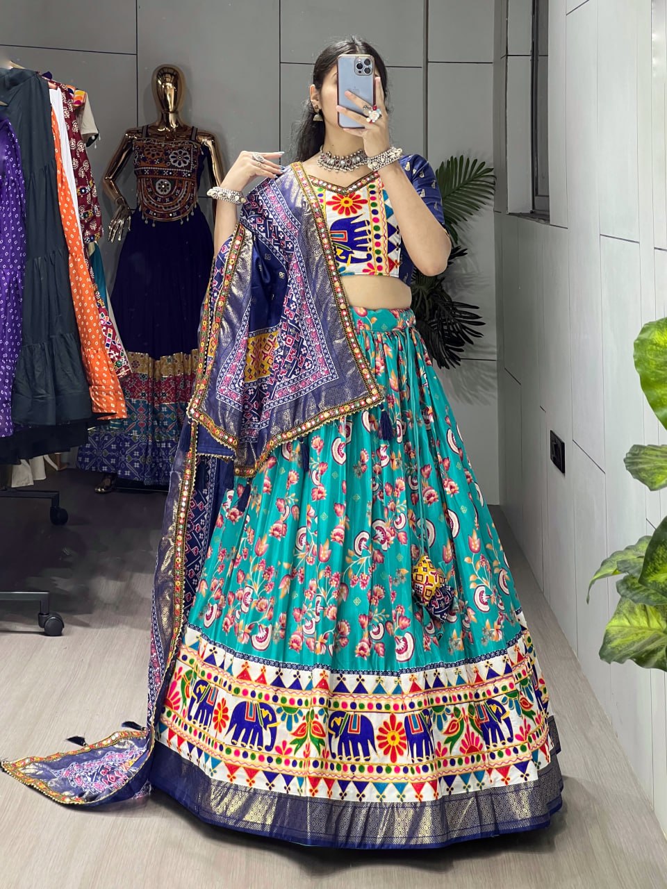 Women's Teal Floral Print Dola Silk Lehenga Choli with Kutchi Work Border & Designer Dupatta | Navratri, Garba & Festive Wear