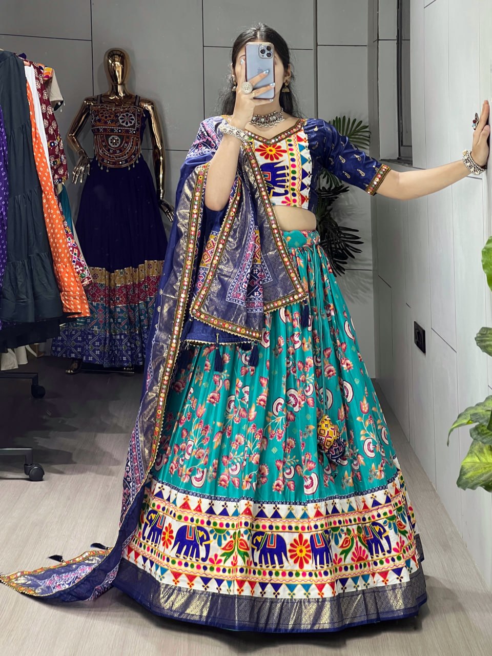 Women's Teal Floral Print Dola Silk Lehenga Choli with Kutchi Work Border & Designer Dupatta | Navratri, Garba & Festive Wear