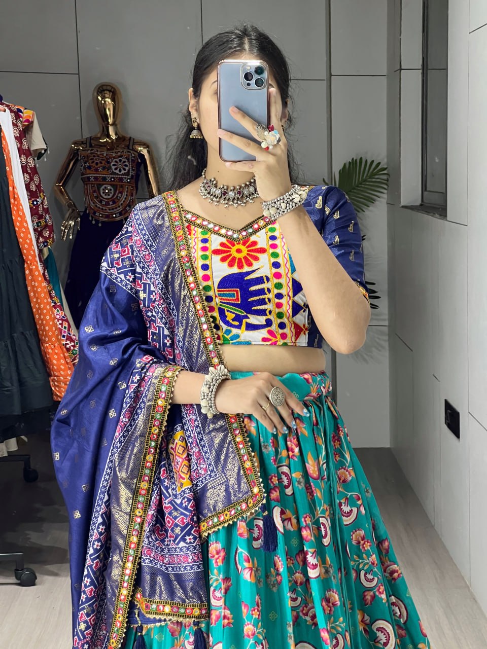 Women's Teal Floral Print Dola Silk Lehenga Choli with Kutchi Work Border & Designer Dupatta | Navratri, Garba & Festive Wear