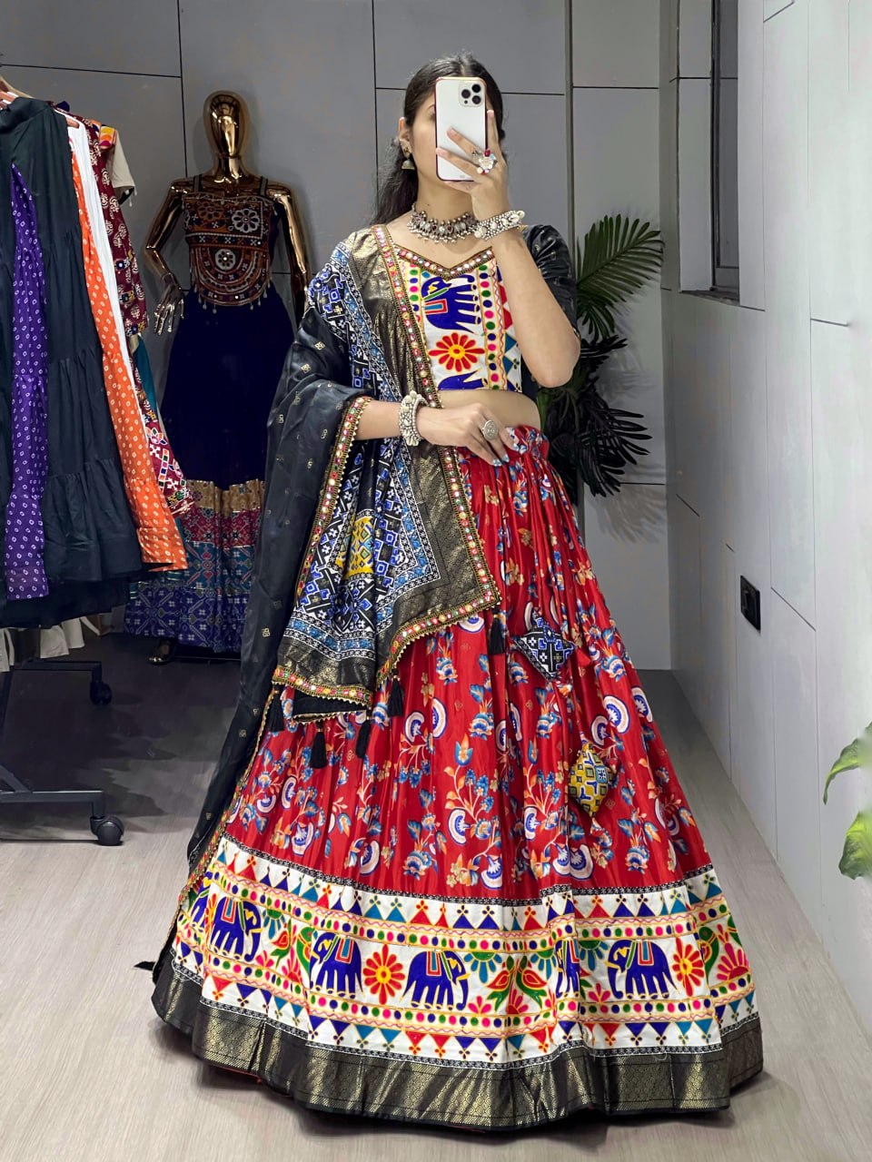 Women's Red Floral Print Dola Silk Lehenga Choli with Kutchi Work Border & Designer Dupatta | Navratri, Garba & Festive Wear