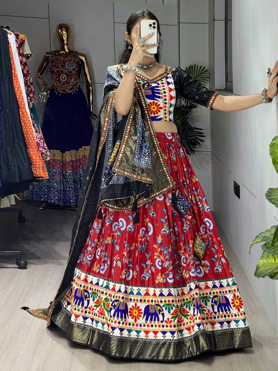 Women's Red Floral Print Dola Silk Lehenga Choli with Kutchi Work Border & Designer Dupatta | Navratri, Garba & Festive Wear