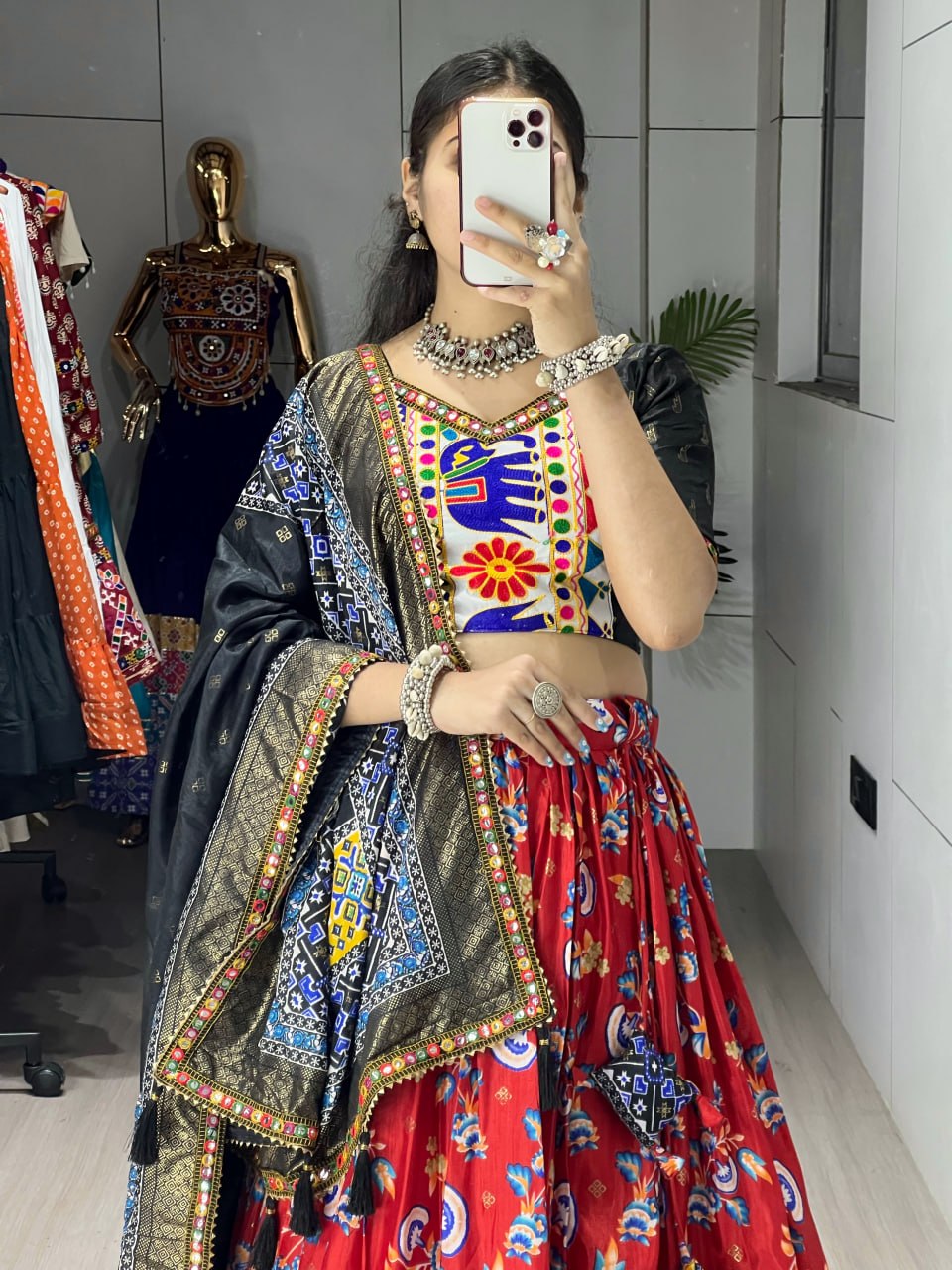 Women's Red Floral Print Dola Silk Lehenga Choli with Kutchi Work Border & Designer Dupatta | Navratri, Garba & Festive Wear