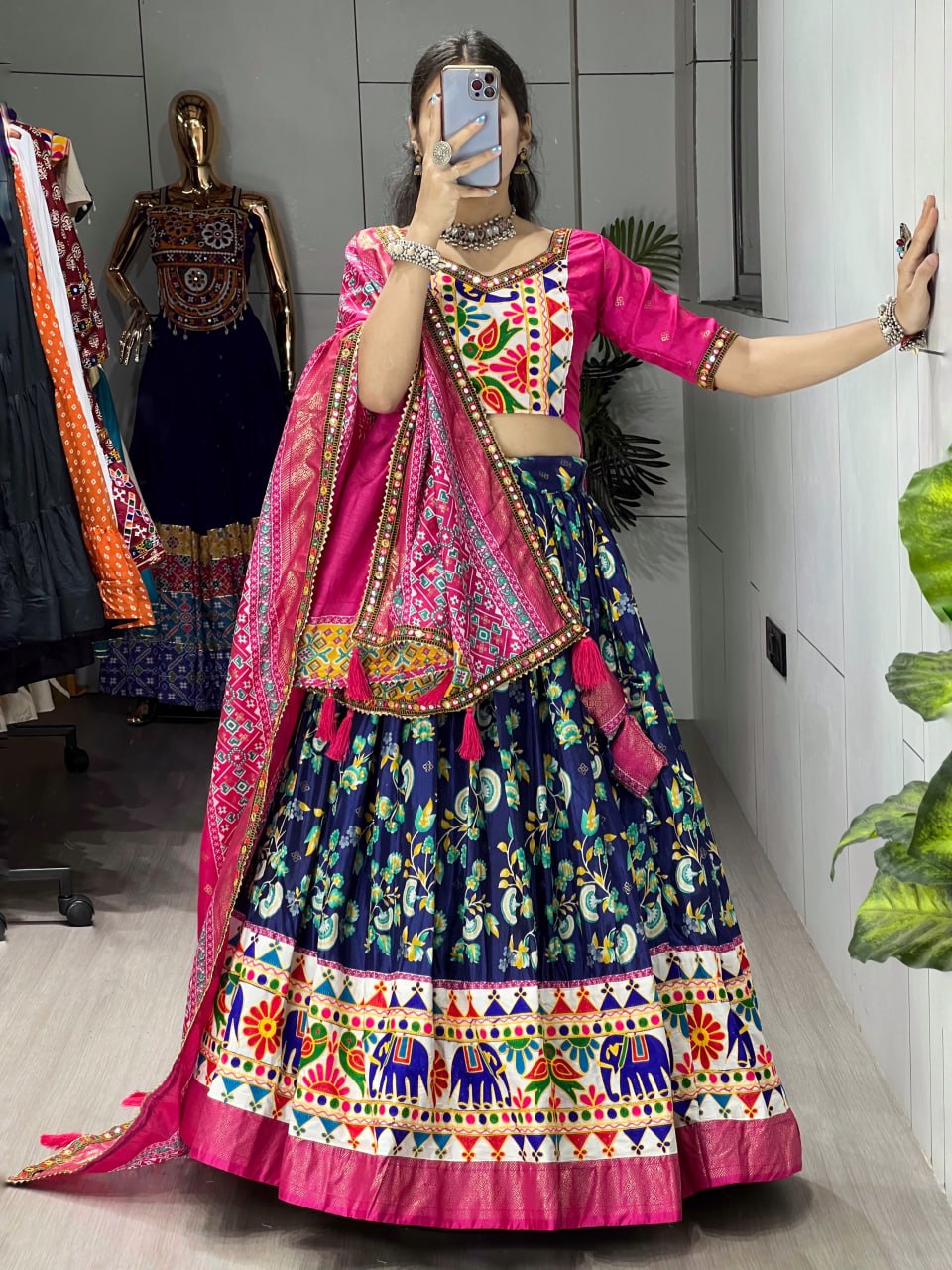 Women's Navy Blue Floral Dola Silk Lehenga Choli with Kutchi Work Border & Pink Designer Dupatta | Navratri, Garba & Festive Wear