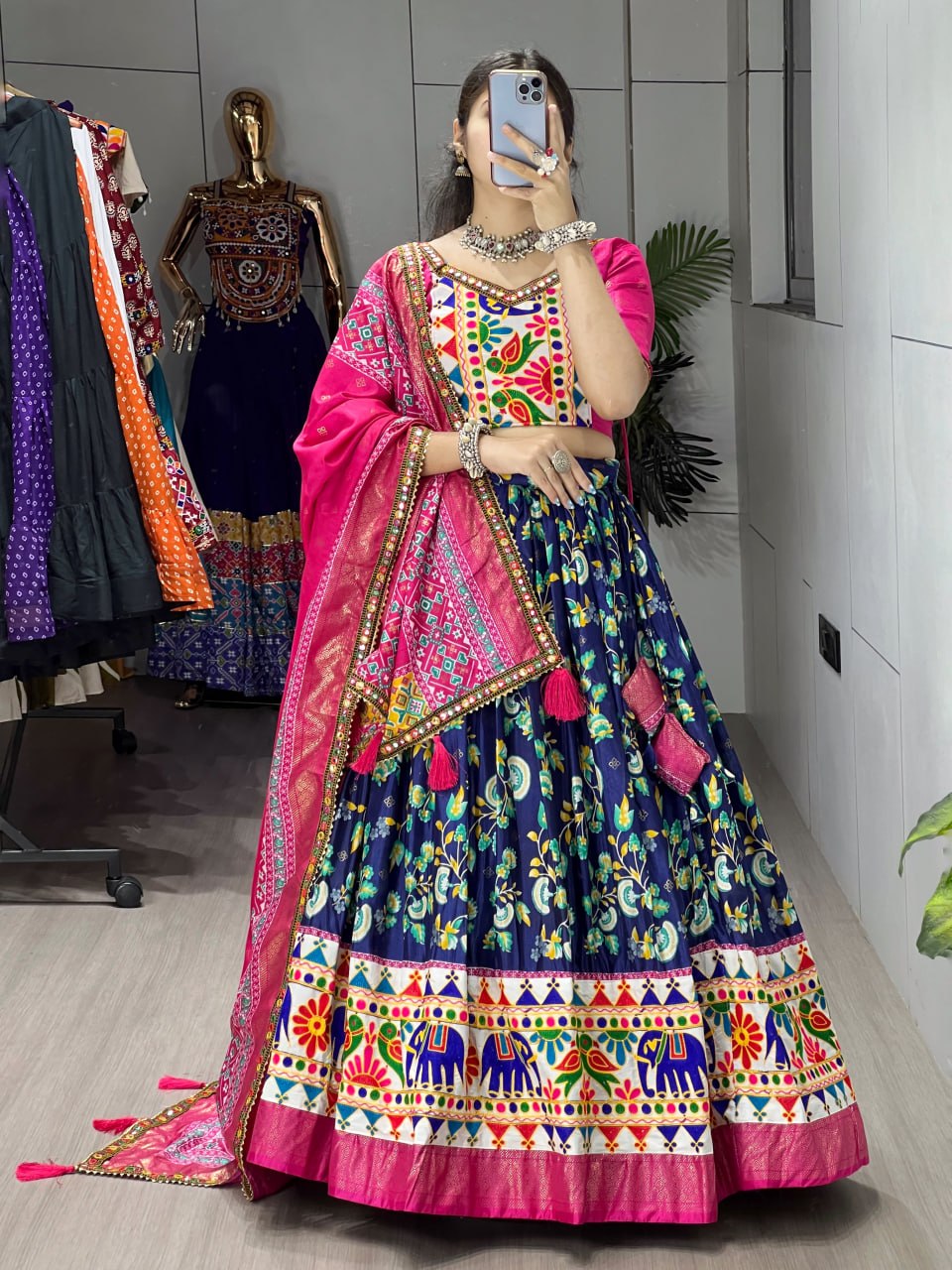 Women's Navy Blue Floral Dola Silk Lehenga Choli with Kutchi Work Border & Pink Designer Dupatta | Navratri, Garba & Festive Wear