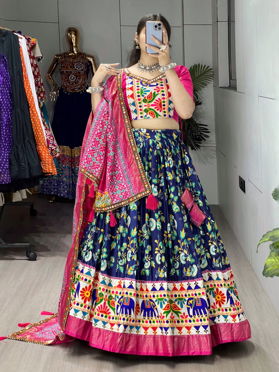 Women's Navy Blue Floral Dola Silk Lehenga Choli with Kutchi Work Border & Pink Designer Dupatta | Navratri, Garba & Festive Wear