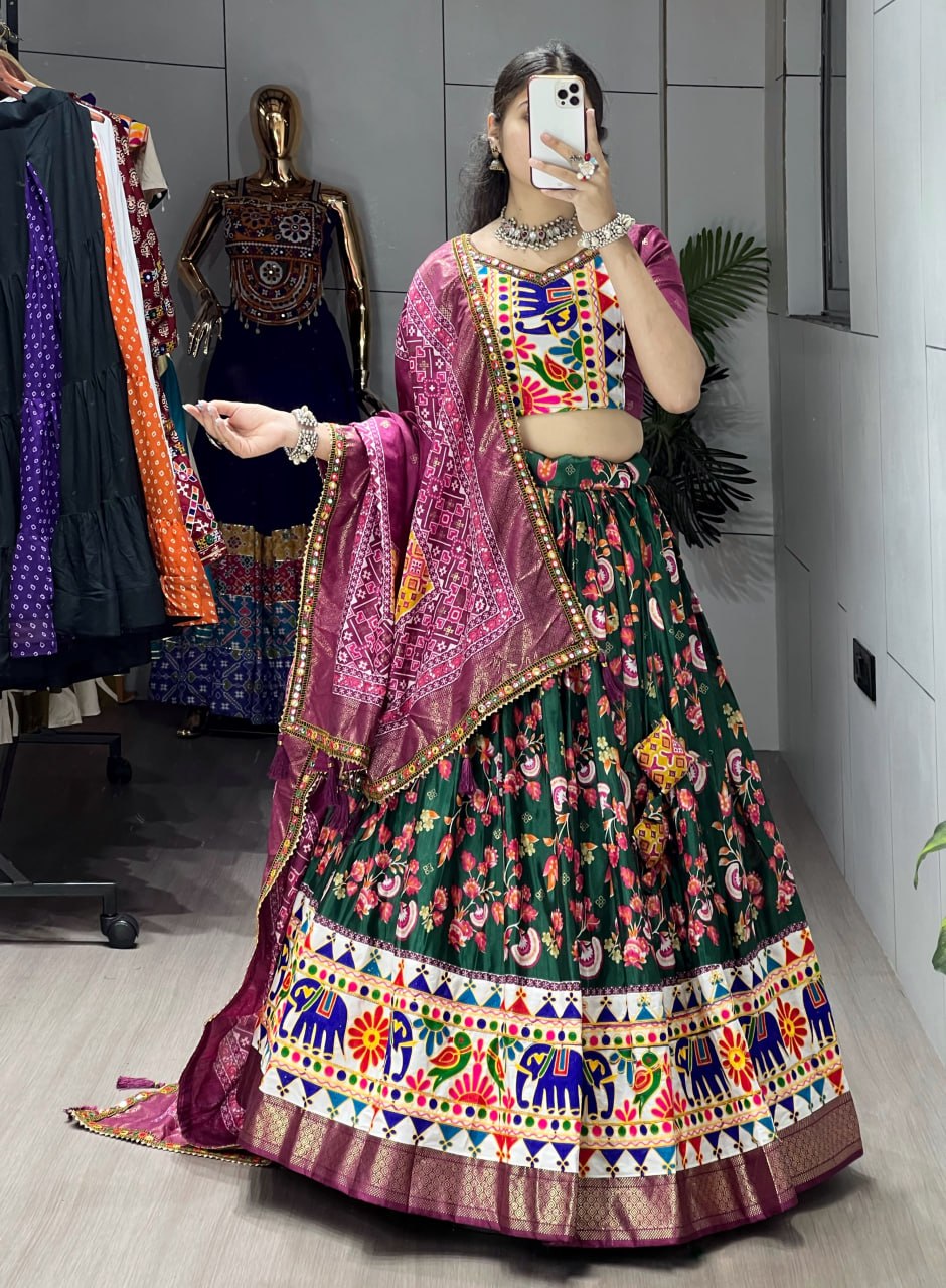 Women's Green Floral Dola Silk Lehenga Choli with Kutchi Work Border & Wine Designer Dupatta | Navratri, Garba & Festive Wear