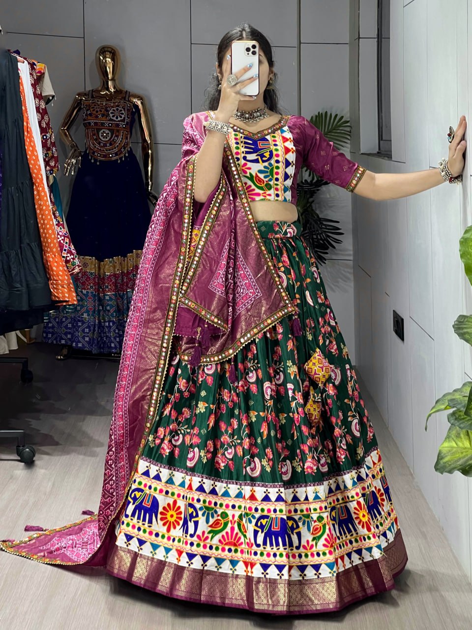 Women's Green Floral Dola Silk Lehenga Choli with Kutchi Work Border & Wine Designer Dupatta | Navratri, Garba & Festive Wear