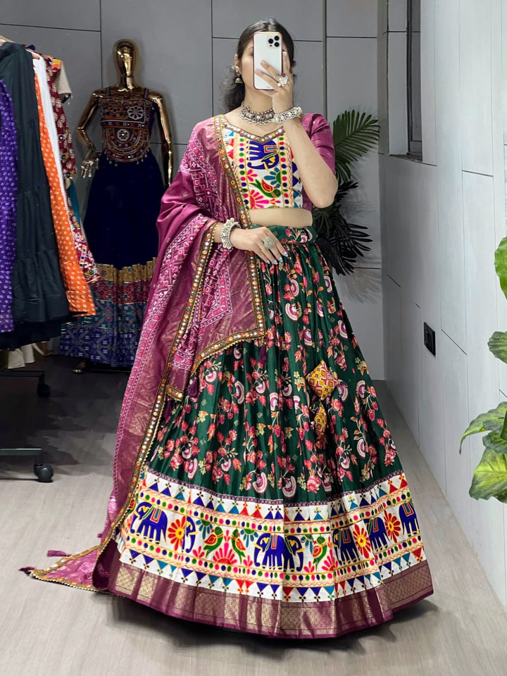 Women's Green Floral Dola Silk Lehenga Choli with Kutchi Work Border & Wine Designer Dupatta | Navratri, Garba & Festive Wear