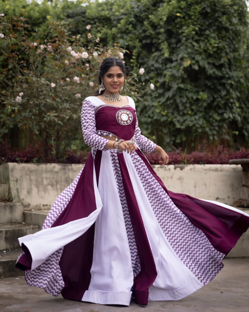 Women's Wine White Rayon Cotton Leheriya Lehenga Choli with Mirror Work Top | Navratri, Garba & Festive Wear