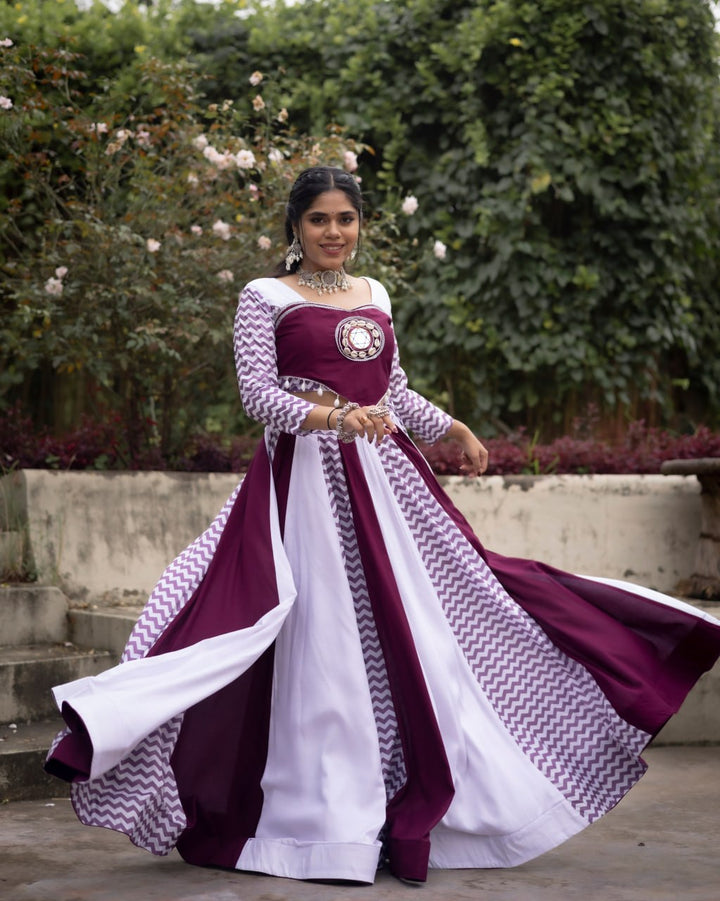 Women's Wine White Rayon Cotton Leheriya Lehenga Choli with Mirror Work Top | Navratri, Garba & Festive Wear