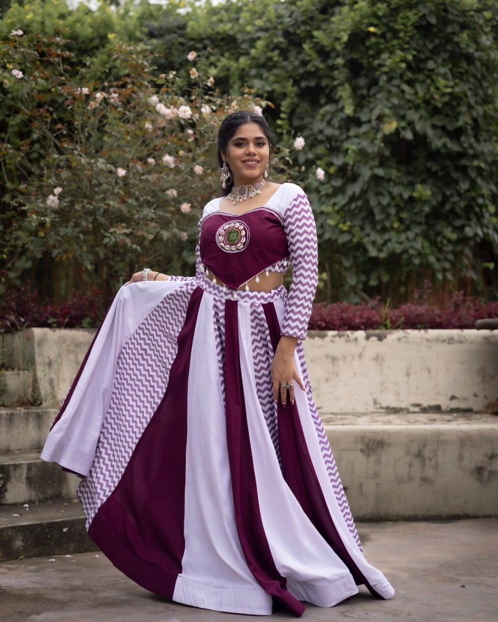 Women's Wine White Rayon Cotton Leheriya Lehenga Choli with Mirror Work Top | Navratri, Garba & Festive Wear