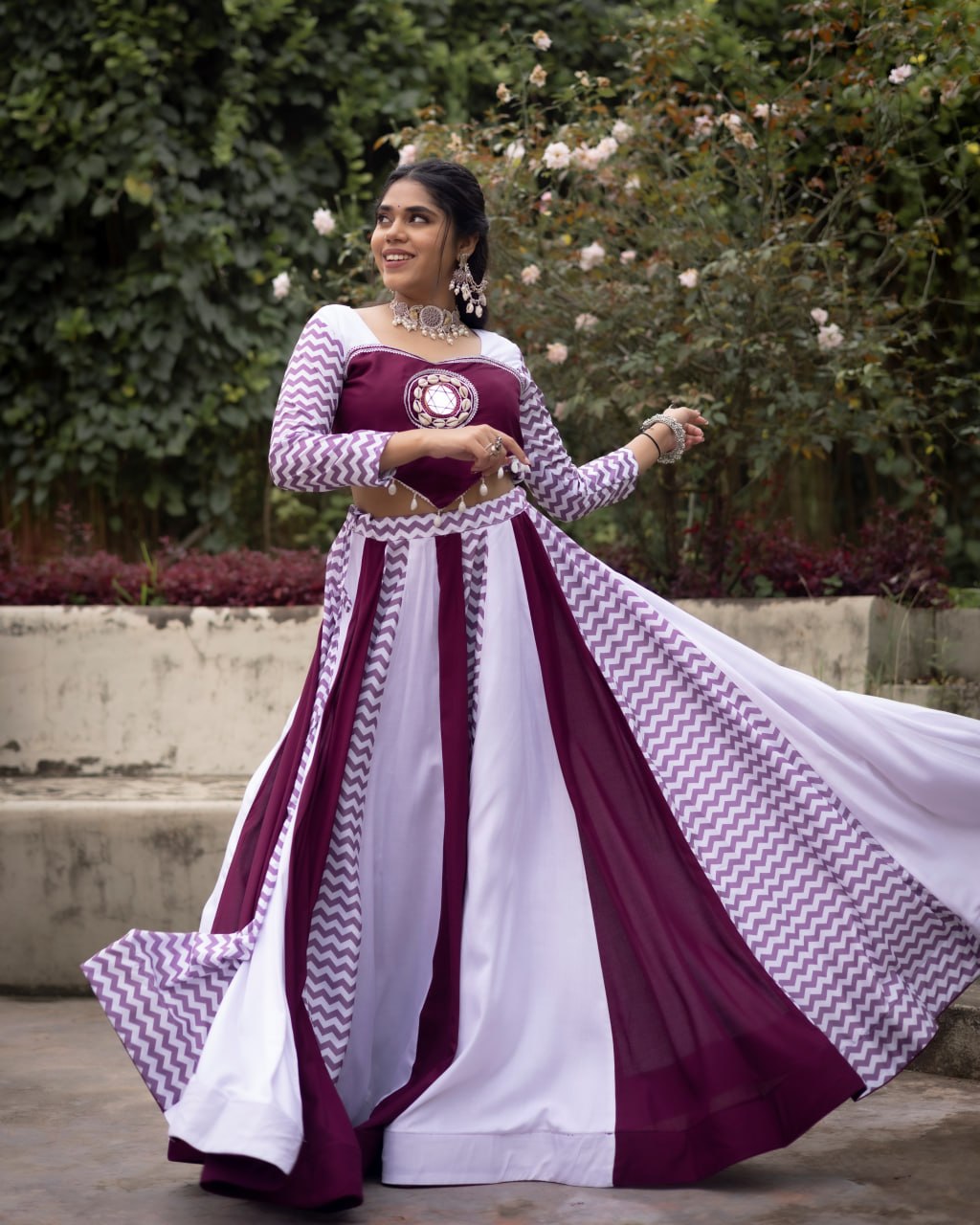 Women's Wine White Rayon Cotton Leheriya Lehenga Choli with Mirror Work Top | Navratri, Garba & Festive Wear