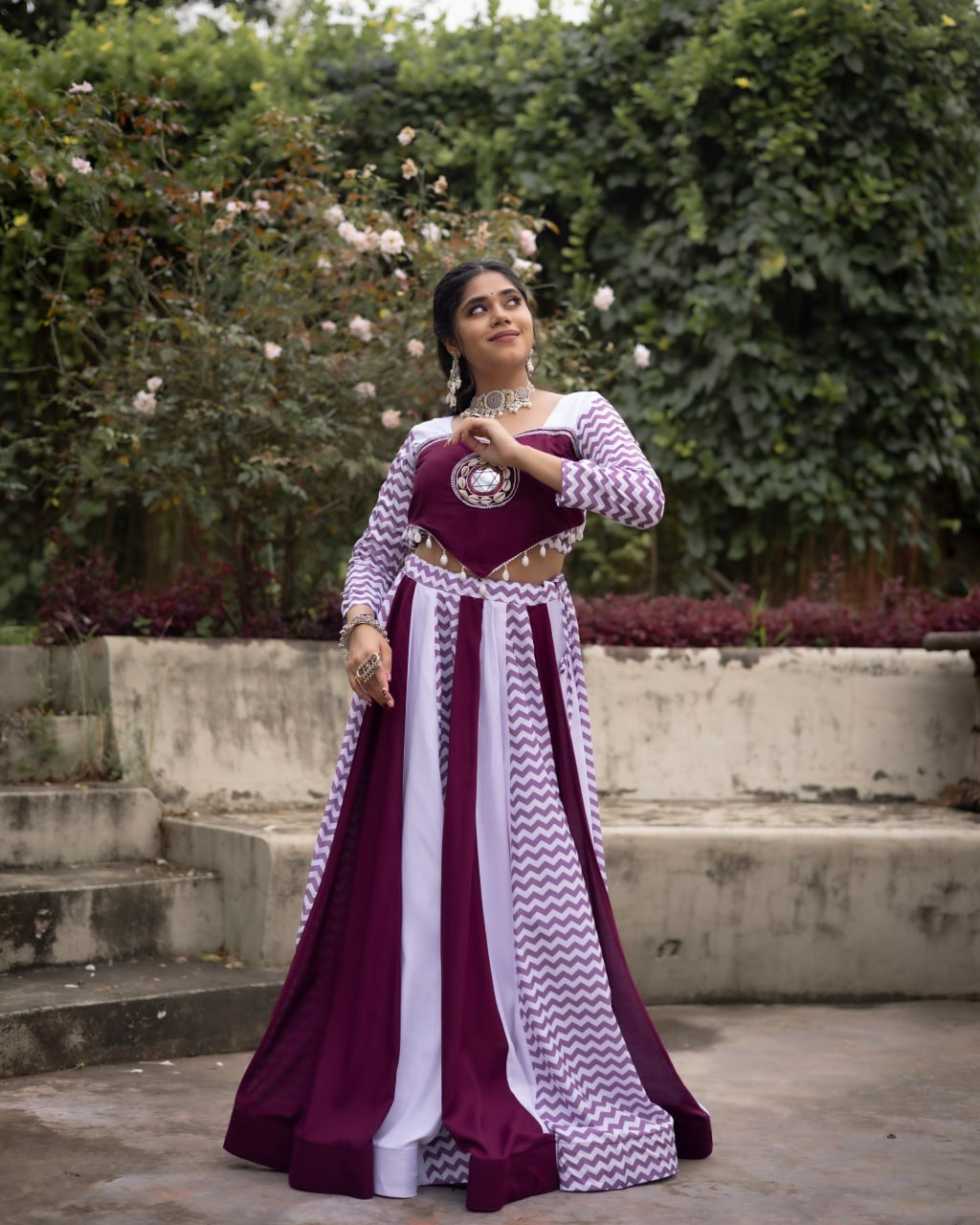 Women's Wine White Rayon Cotton Leheriya Lehenga Choli with Mirror Work Top | Navratri, Garba & Festive Wear