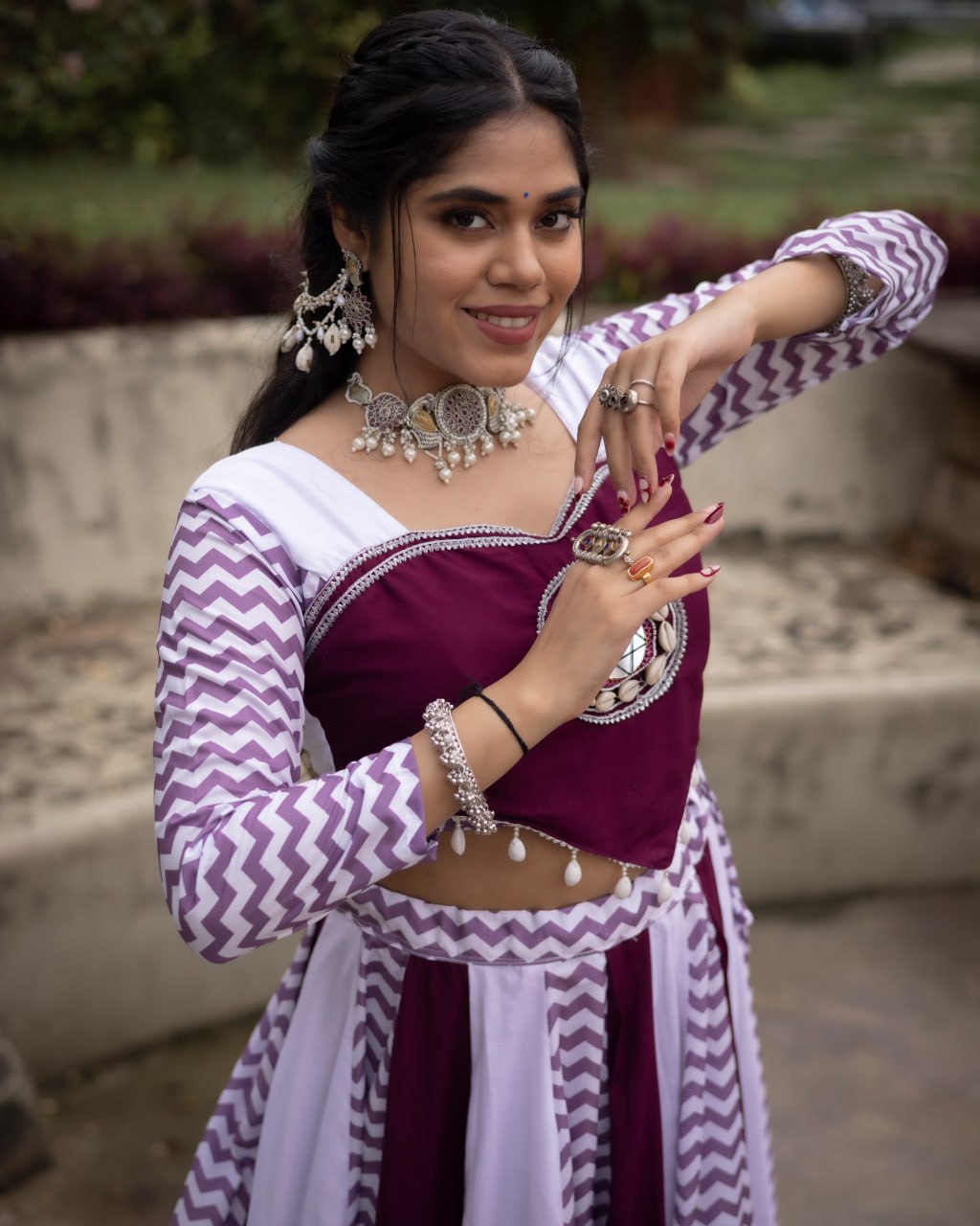 Women's Wine White Rayon Cotton Leheriya Lehenga Choli with Mirror Work Top | Navratri, Garba & Festive Wear