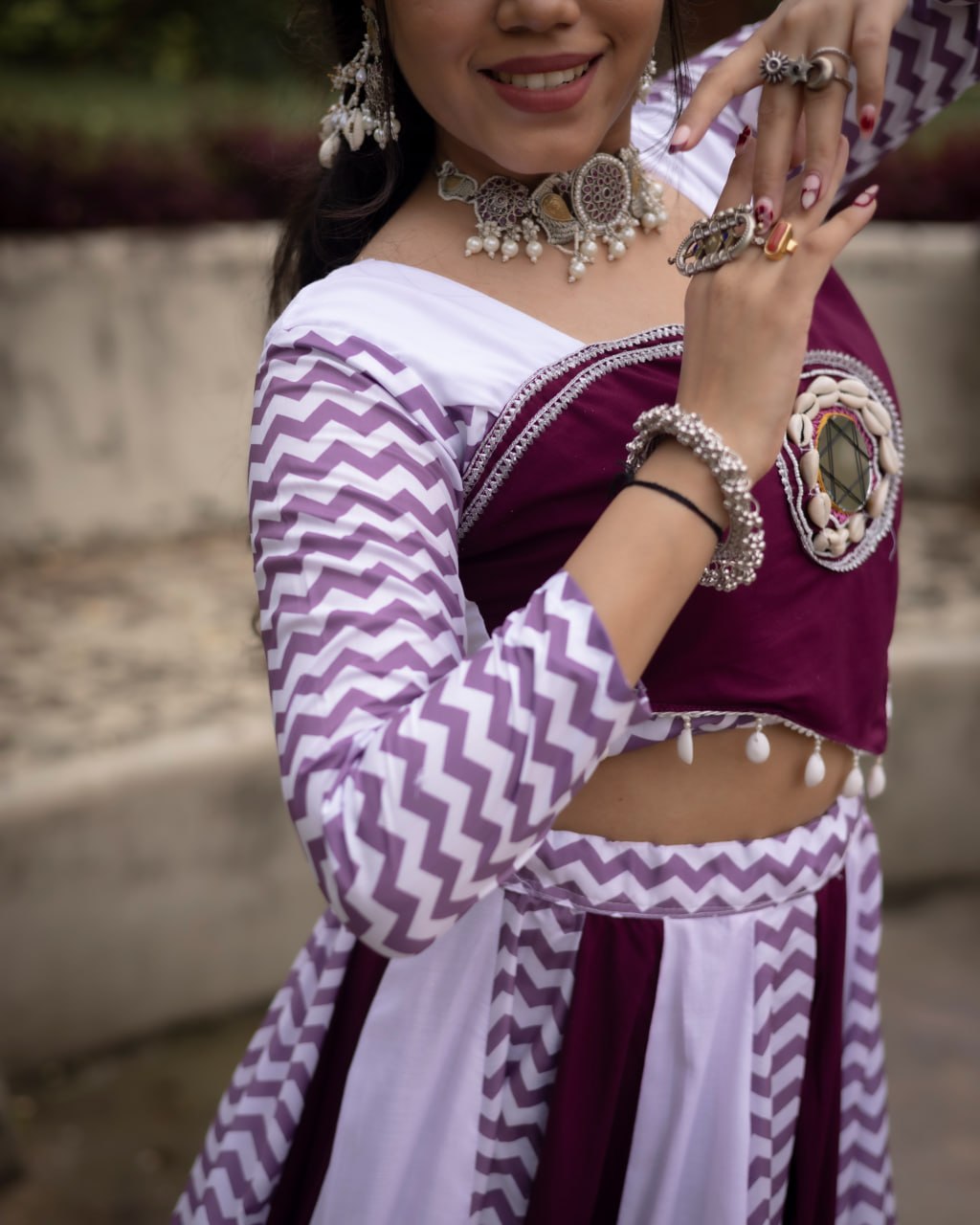 Women's Wine White Rayon Cotton Leheriya Lehenga Choli with Mirror Work Top | Navratri, Garba & Festive Wear