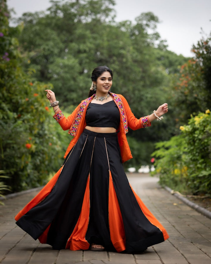 Women's Black Orange Rayon Cotton Lehenga with Kutchi Work Koti & Blouse | Navratri, Garba & Dandiya Wear