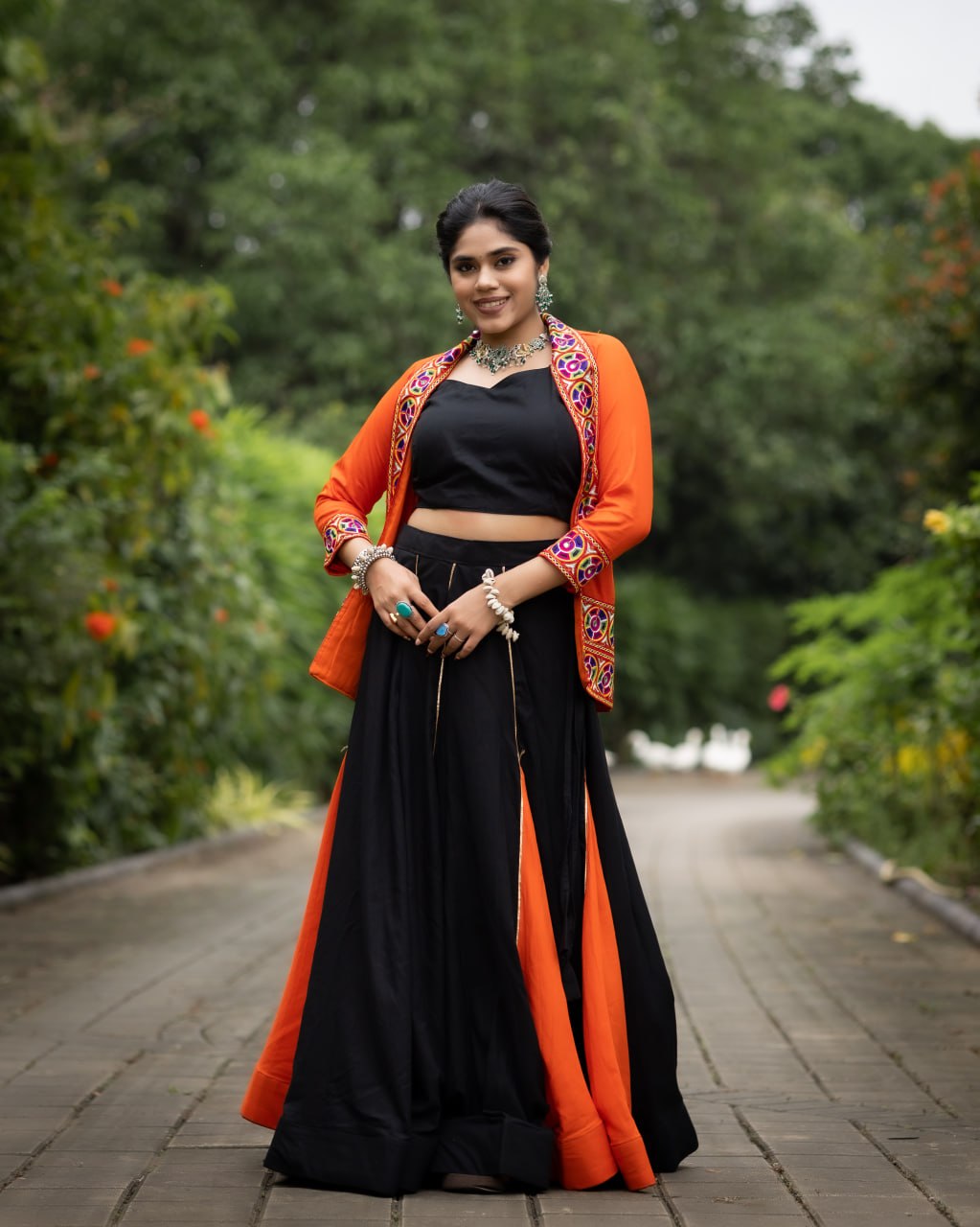 Women's Black Orange Rayon Cotton Lehenga with Kutchi Work Koti & Blouse | Navratri, Garba & Dandiya Wear