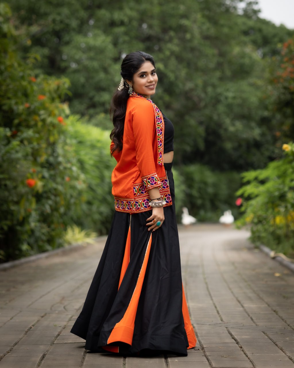 Women's Black Orange Rayon Cotton Lehenga with Kutchi Work Koti & Blouse | Navratri, Garba & Dandiya Wear
