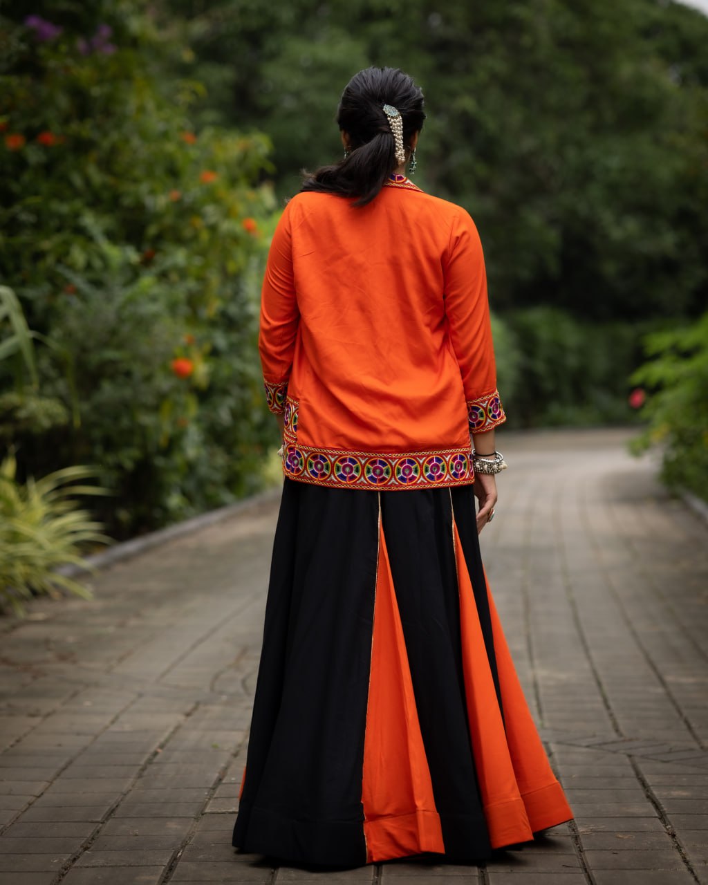 Women's Black Orange Rayon Cotton Lehenga with Kutchi Work Koti & Blouse | Navratri, Garba & Dandiya Wear