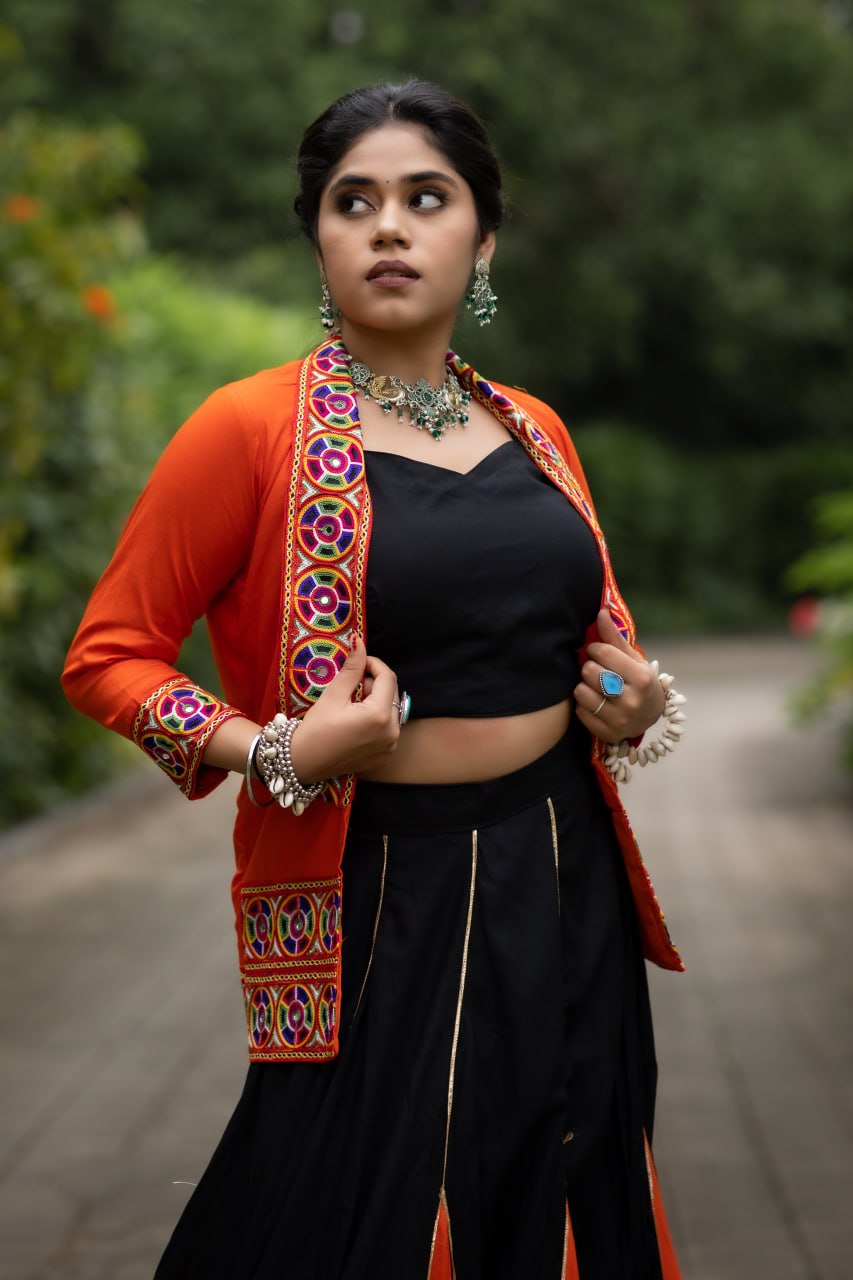 Women's Black Orange Rayon Cotton Lehenga with Kutchi Work Koti & Blouse | Navratri, Garba & Dandiya Wear