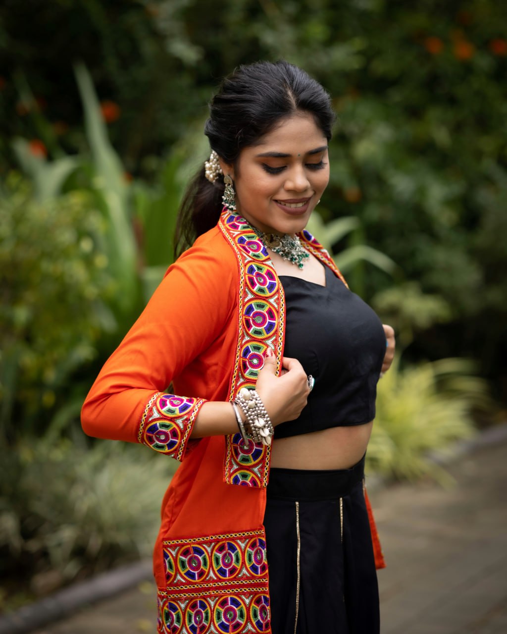 Women's Black Orange Rayon Cotton Lehenga with Kutchi Work Koti & Blouse | Navratri, Garba & Dandiya Wear
