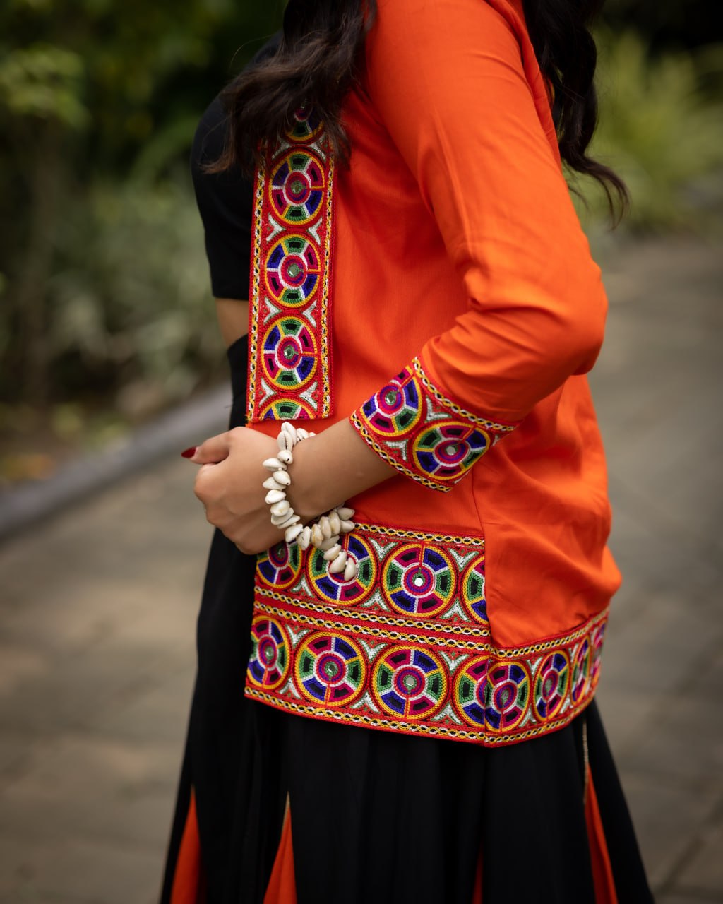 Women's Black Orange Rayon Cotton Lehenga with Kutchi Work Koti & Blouse | Navratri, Garba & Dandiya Wear