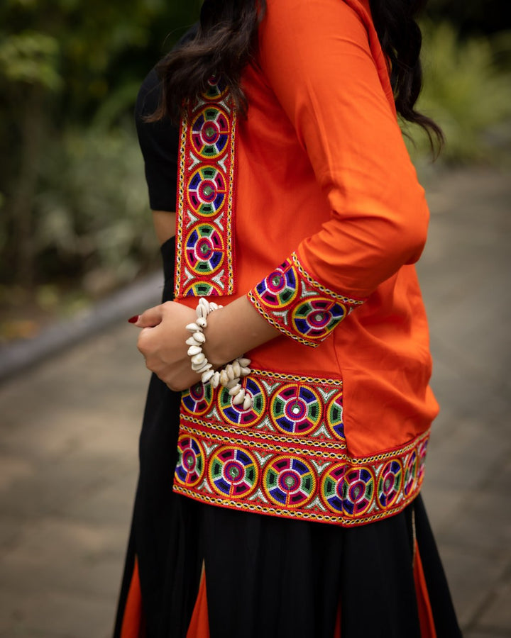 Women's Black Orange Rayon Cotton Lehenga with Kutchi Work Koti & Blouse | Navratri, Garba & Dandiya Wear