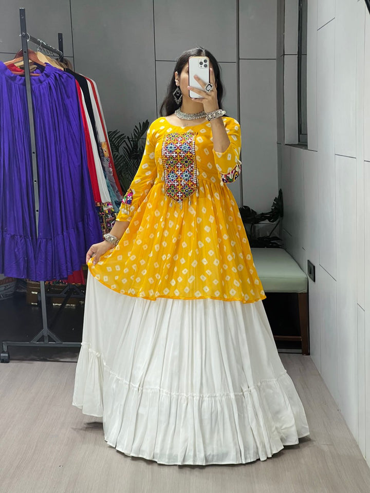 Women's Yellow Kediya Style Lehenga Set with Kutchi Mirror Work | Faux Georgette Navratri Garba Dress