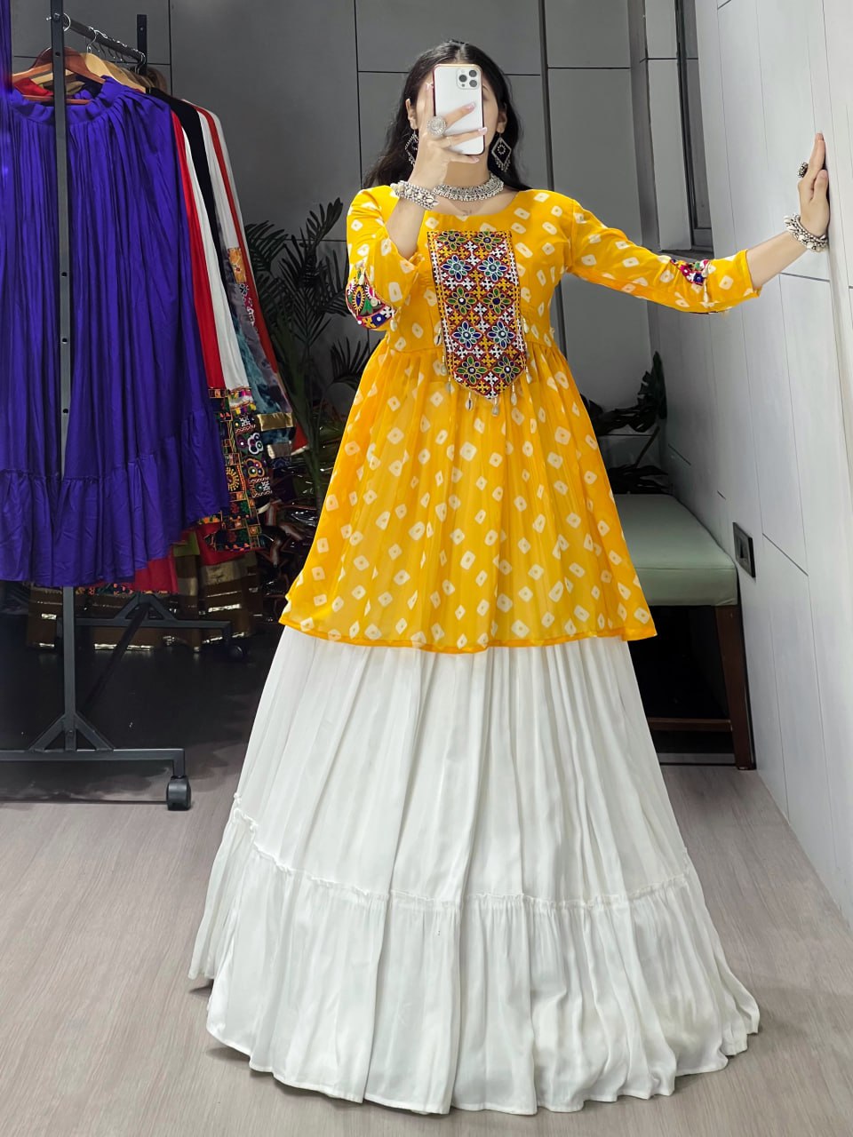 Women's Yellow Kediya Style Lehenga Set with Kutchi Mirror Work | Faux Georgette Navratri Garba Dress