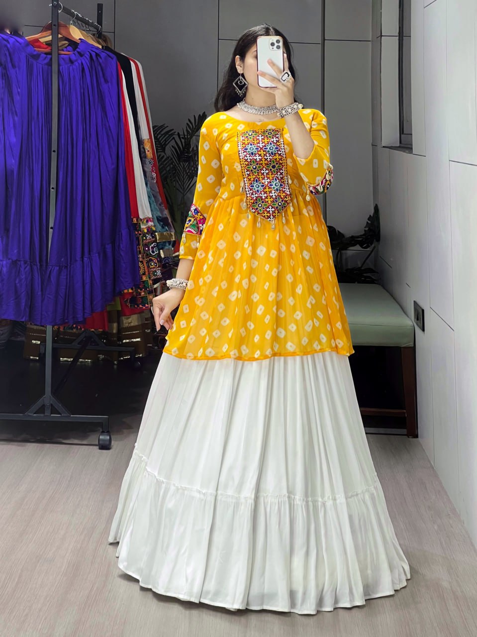 Women's Yellow Kediya Style Lehenga Set with Kutchi Mirror Work | Faux Georgette Navratri Garba Dress