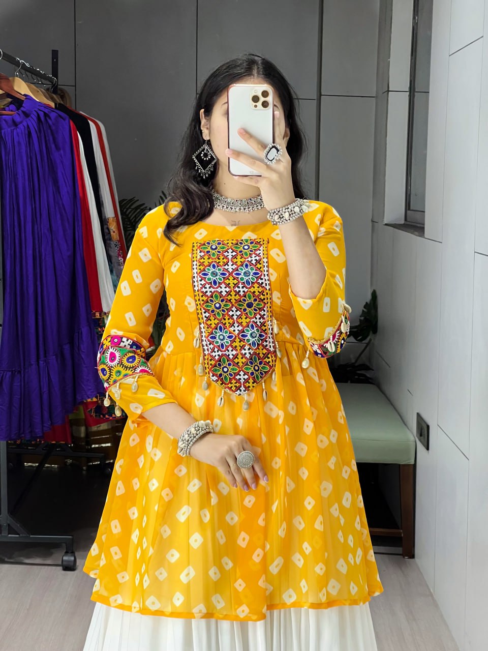 Women's Yellow Kediya Style Lehenga Set with Kutchi Mirror Work | Faux Georgette Navratri Garba Dress