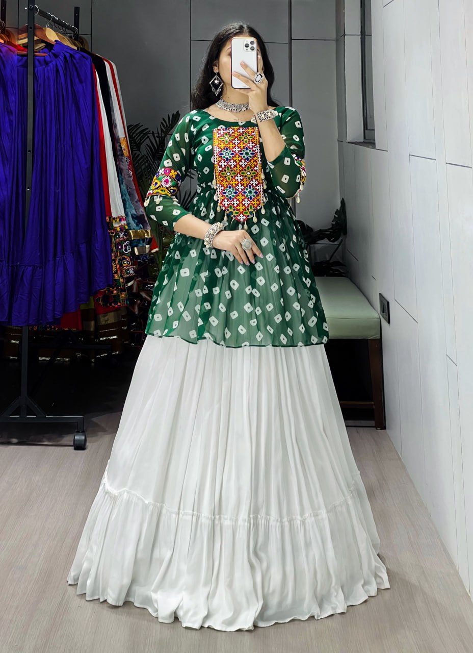 Women's Green Kediya Style Lehenga Set with Kutchi Mirror Work | Faux Georgette Navratri Garba Dress