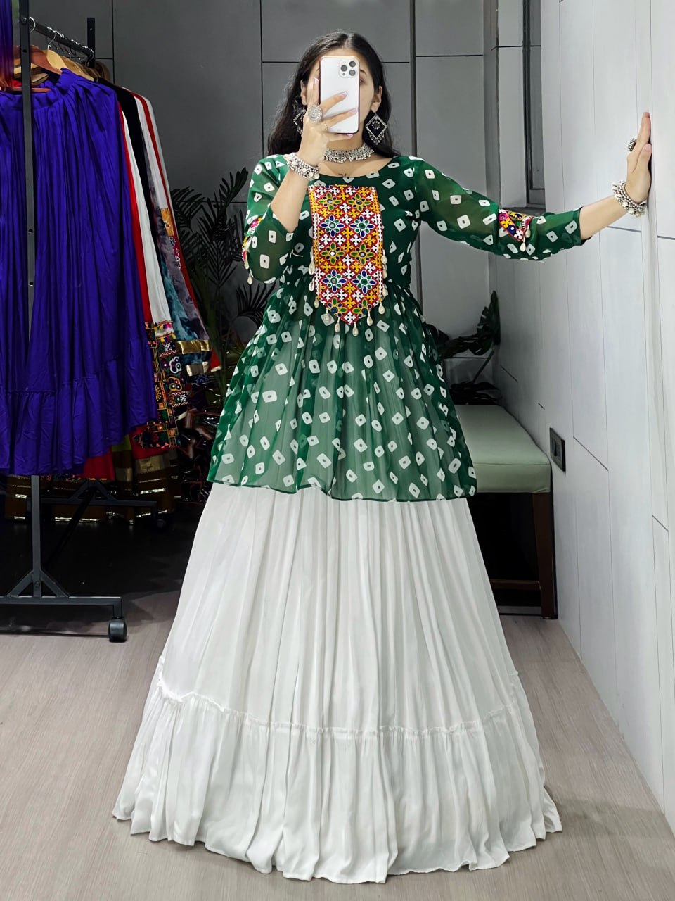 Women's Green Kediya Style Lehenga Set with Kutchi Mirror Work | Faux Georgette Navratri Garba Dress