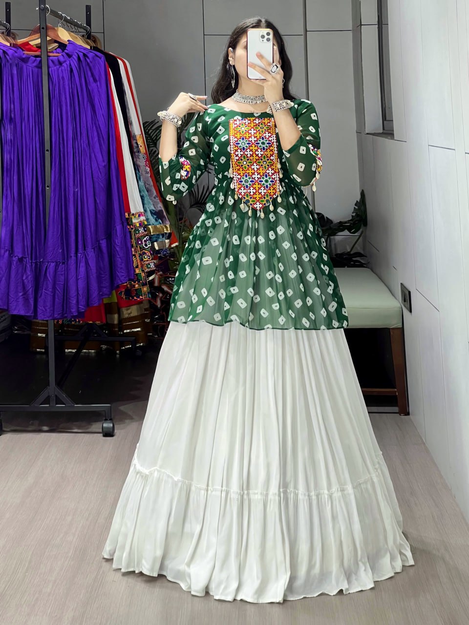Women's Green Kediya Style Lehenga Set with Kutchi Mirror Work | Faux Georgette Navratri Garba Dress