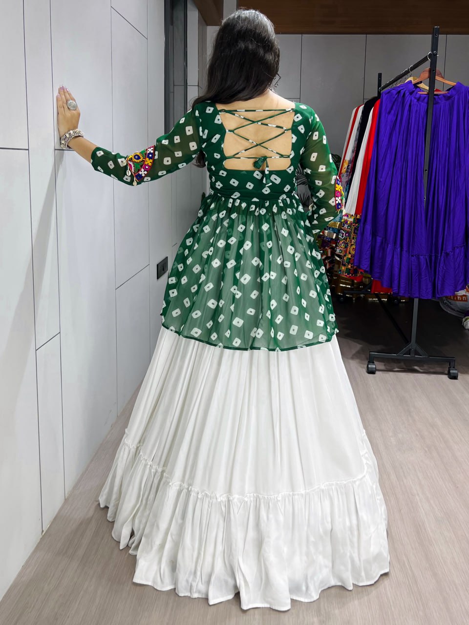 Women's Green Kediya Style Lehenga Set with Kutchi Mirror Work | Faux Georgette Navratri Garba Dress