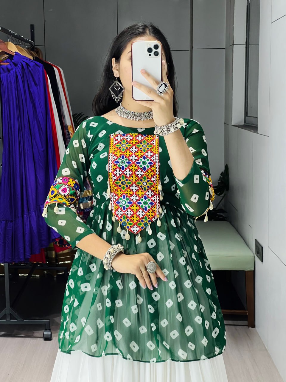 Women's Green Kediya Style Lehenga Set with Kutchi Mirror Work | Faux Georgette Navratri Garba Dress